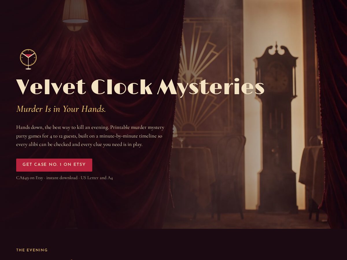 Landing-page snapshot of velvetclockmysteries.com