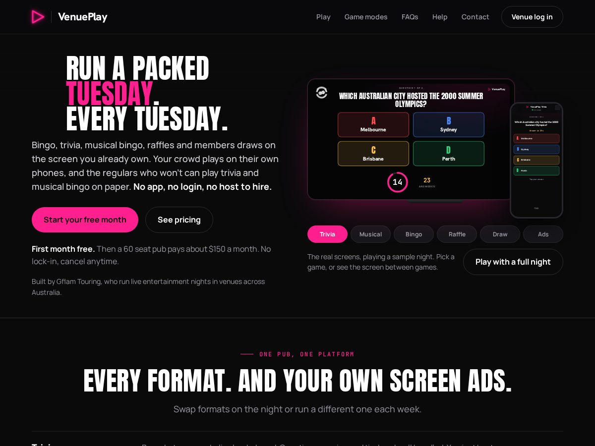 Landing-page snapshot of venueplaygames.com