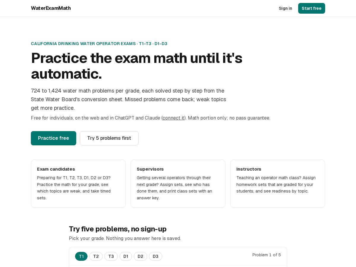Landing-page snapshot of waterexammath.com