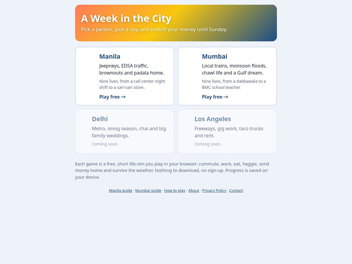 Landing-page snapshot of weekinthecity.app