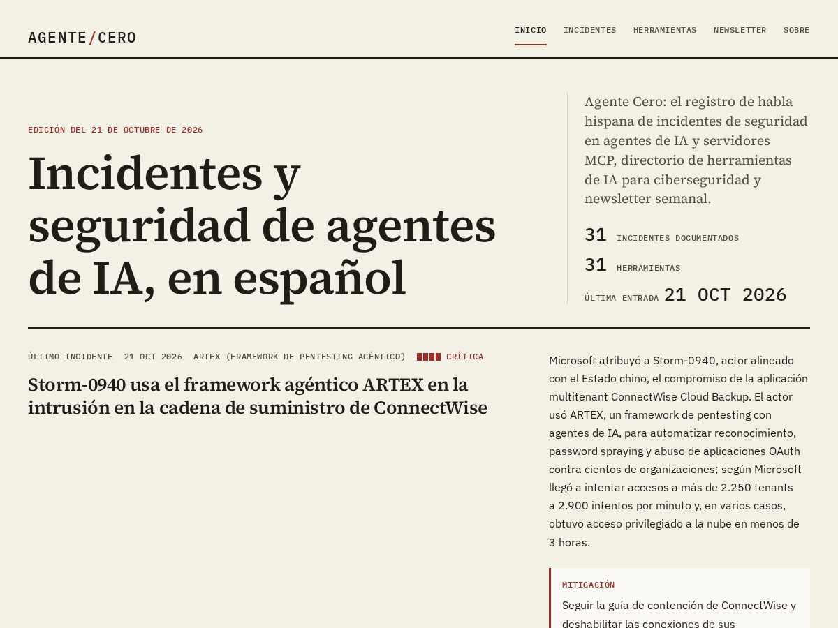Landing-page snapshot of agentecero.dev