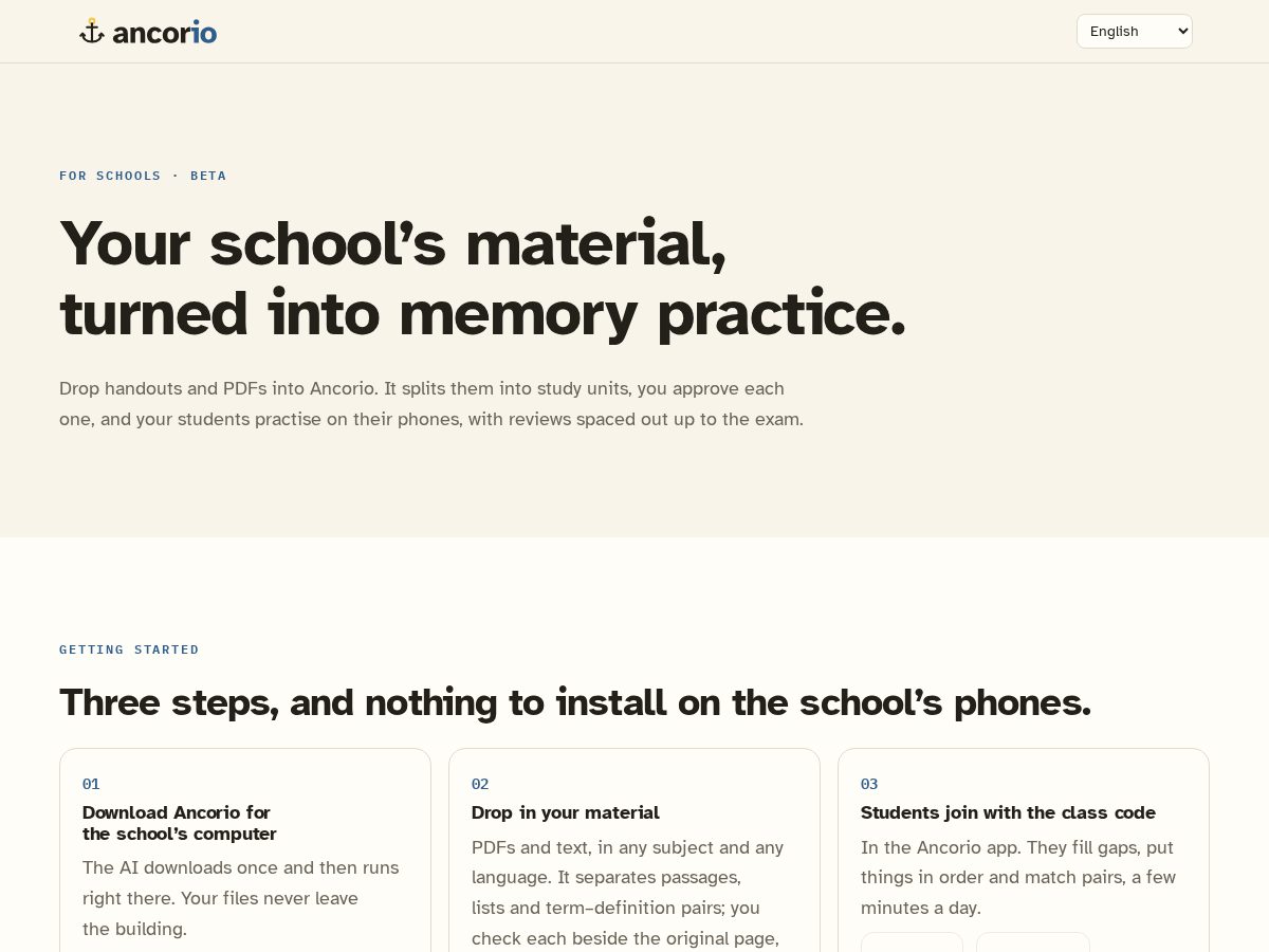Landing-page snapshot of ancorio.app