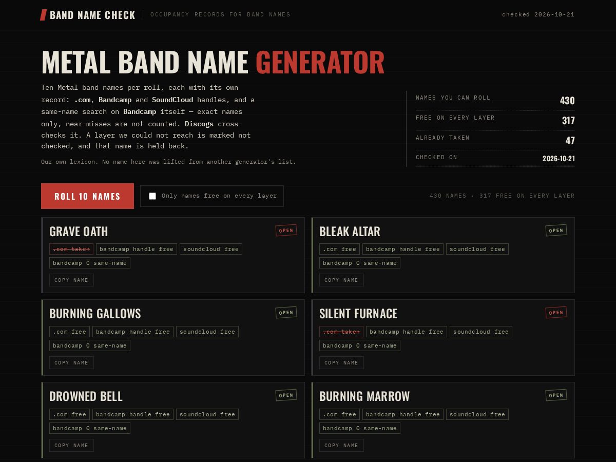 Landing-page snapshot of bandnamecheck.com