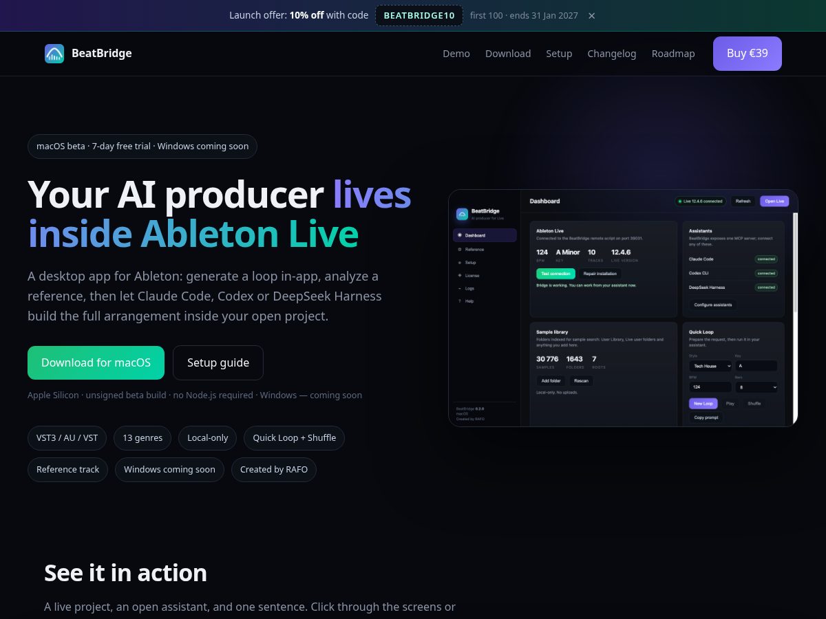 Landing-page snapshot of beatbridge.net