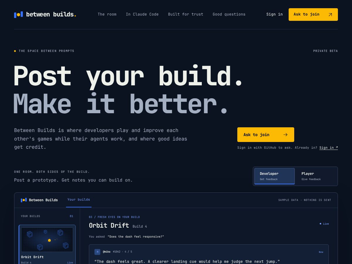 Landing-page snapshot of betweenbuilds.dev