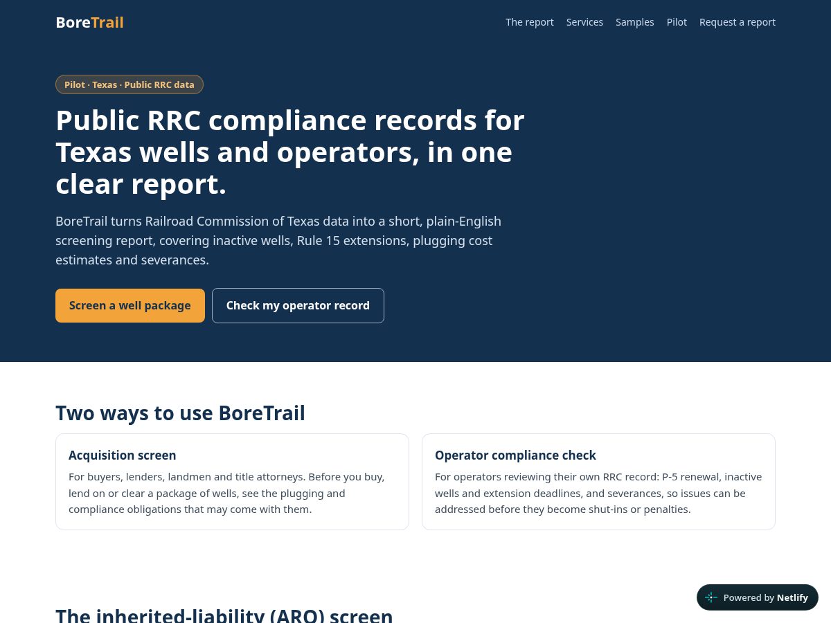 Landing-page snapshot of boretrail.com