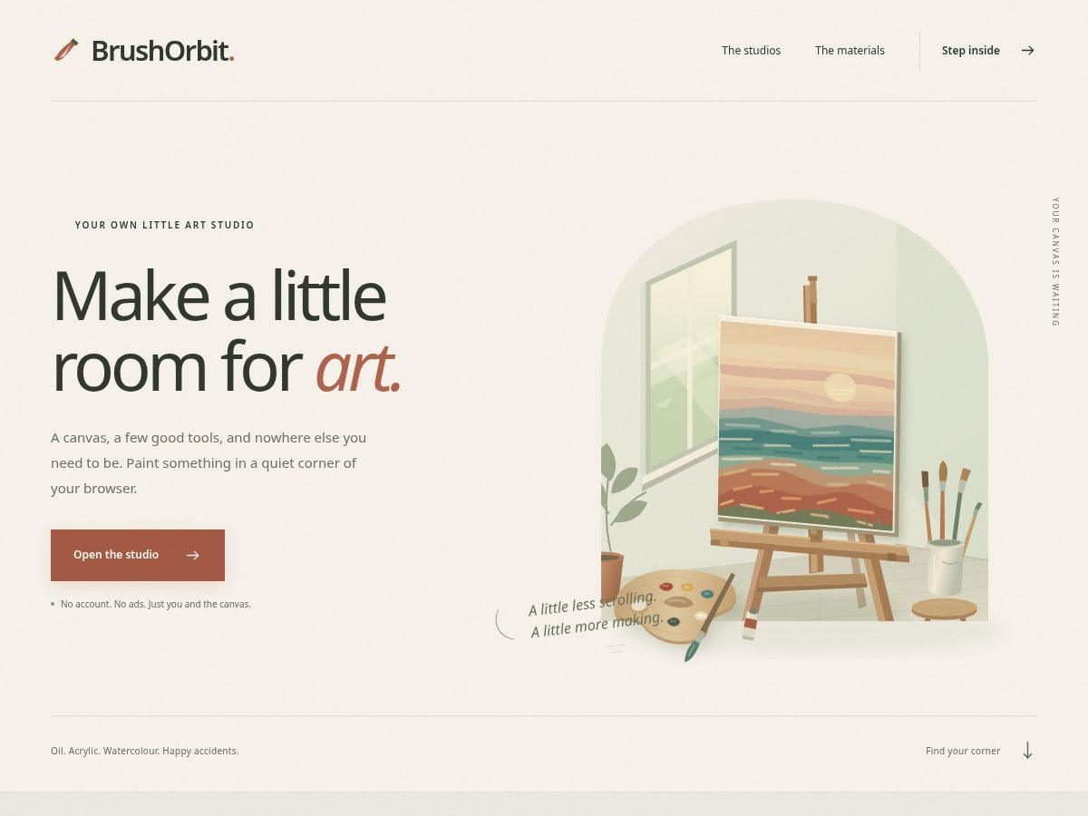 Landing-page snapshot of brushorbit.art