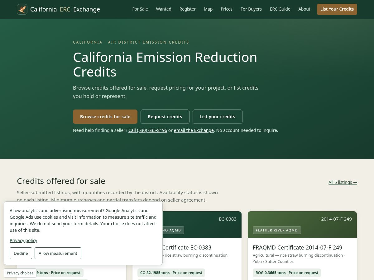Landing-page snapshot of californiaercexchange.com