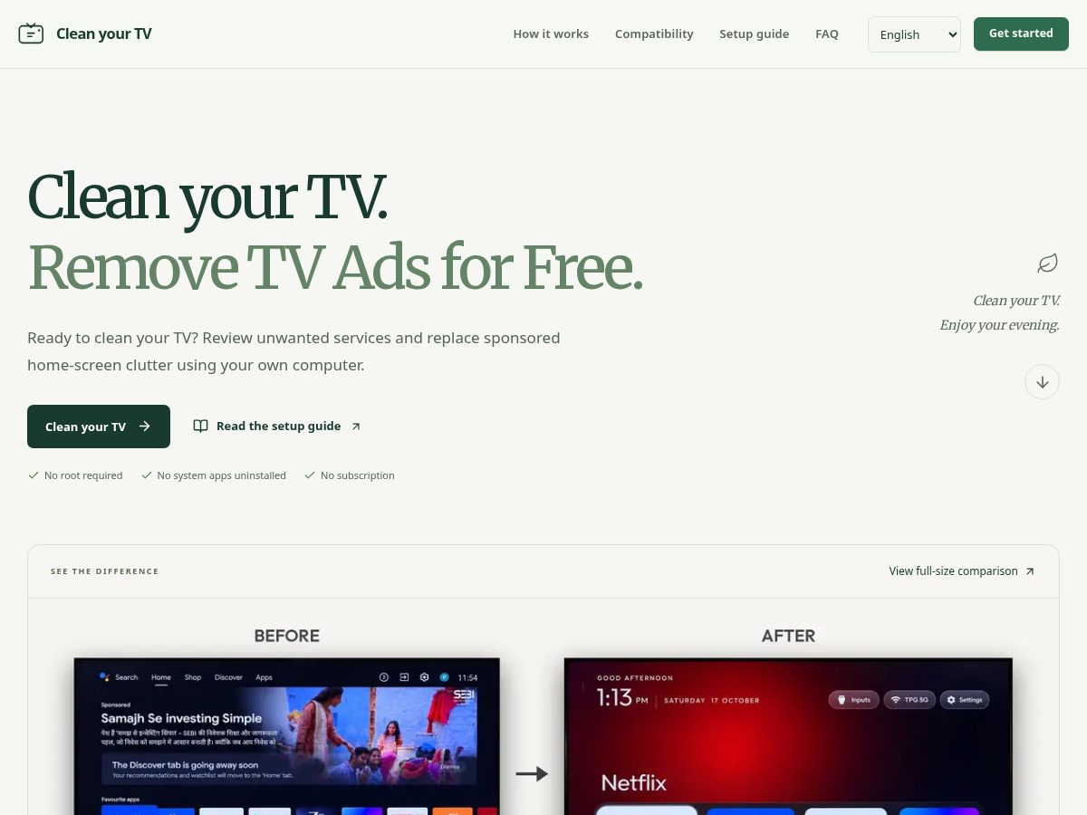 Landing-page snapshot of clean-your-tv.com