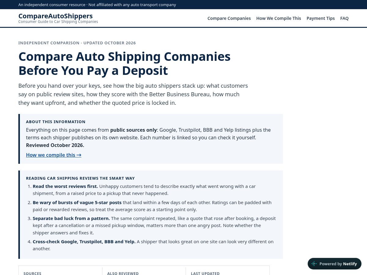 Landing-page snapshot of compareautoshippers.com