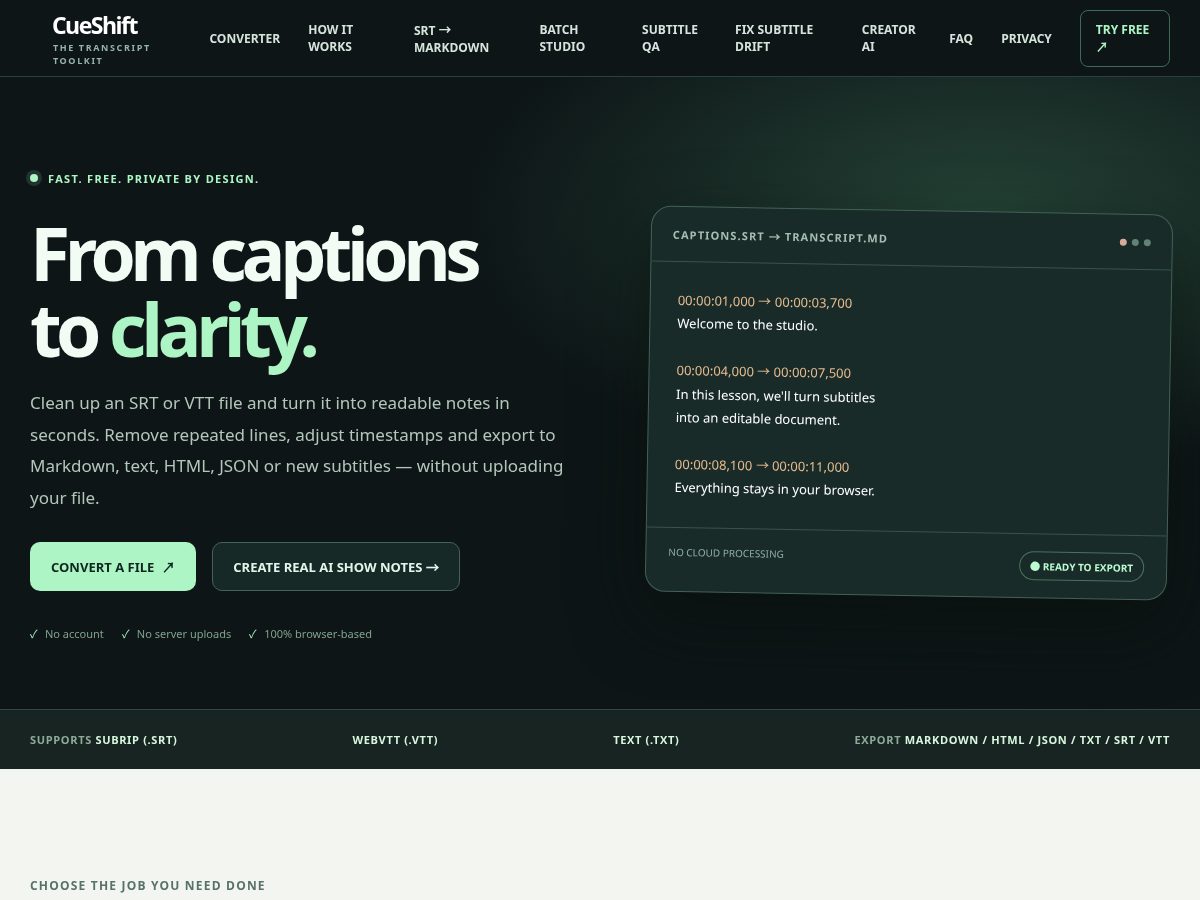 Landing-page snapshot of cueshift.top