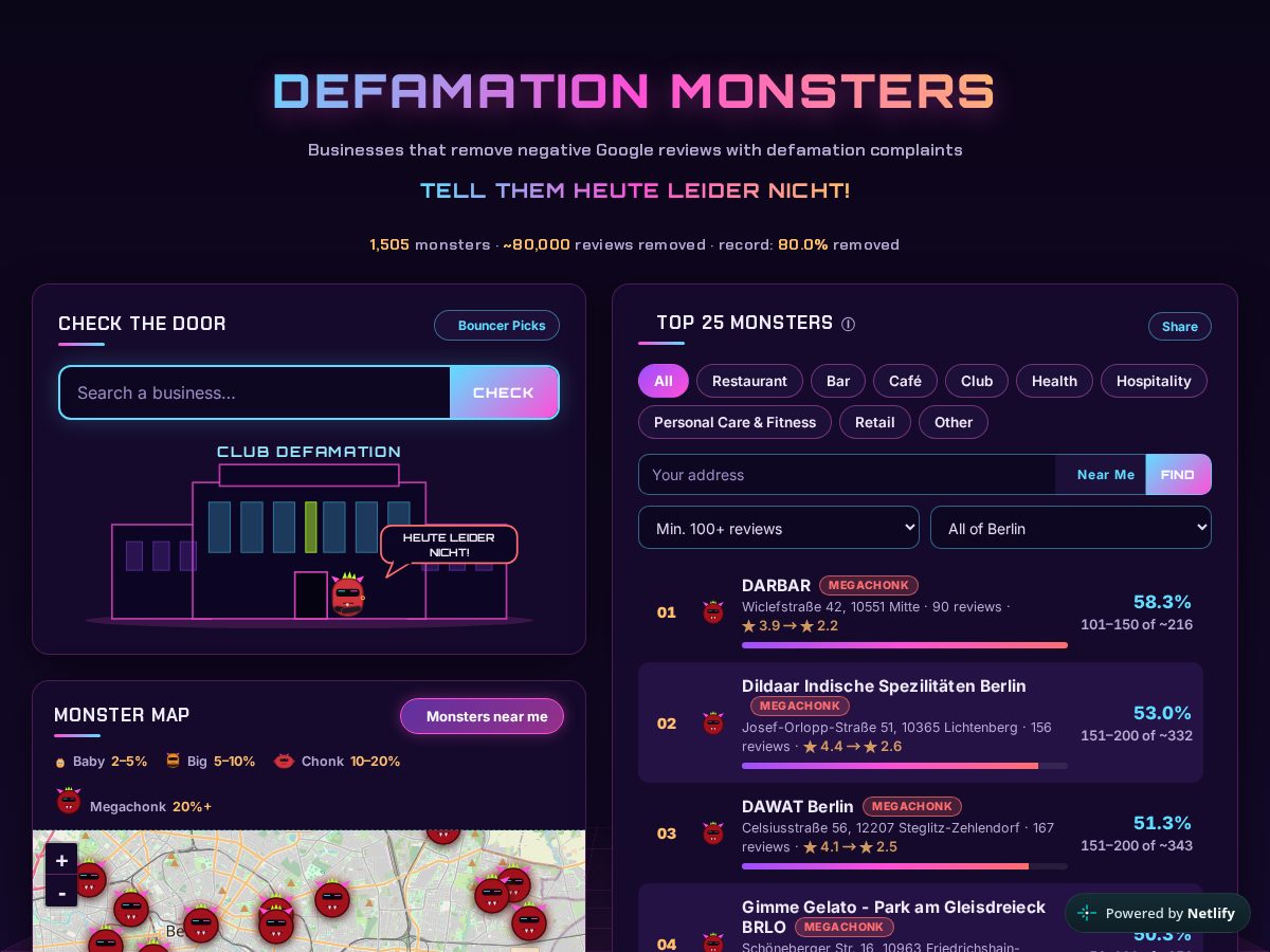 Landing-page snapshot of defamationmonsters.com