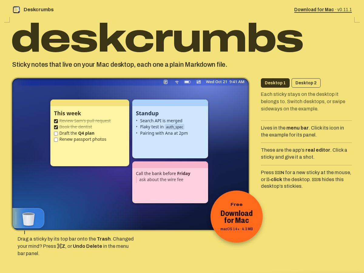 Landing-page snapshot of deskcrumbs.com