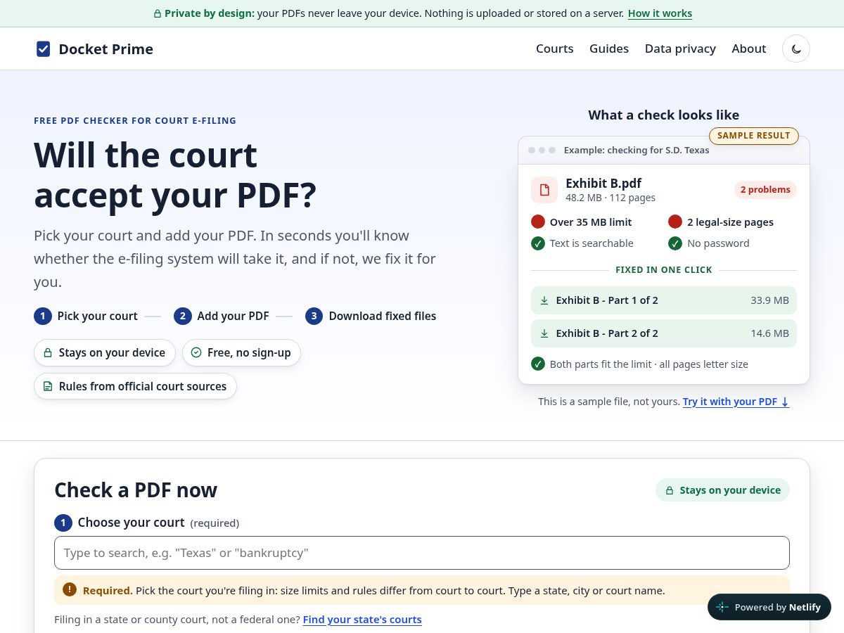 Landing-page snapshot of docketprime.com