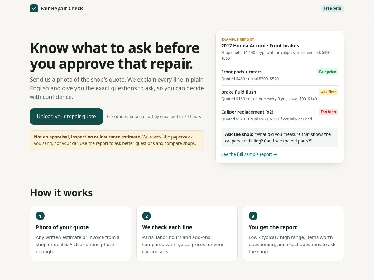 Landing-page snapshot of fairrepaircheck.com