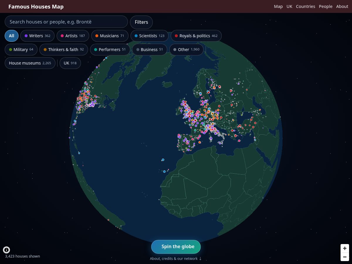 Landing-page snapshot of famoushousesmap.com