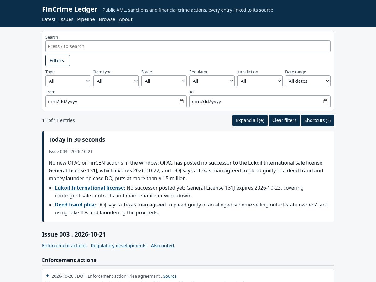 Landing-page snapshot of fincrimeledger.com