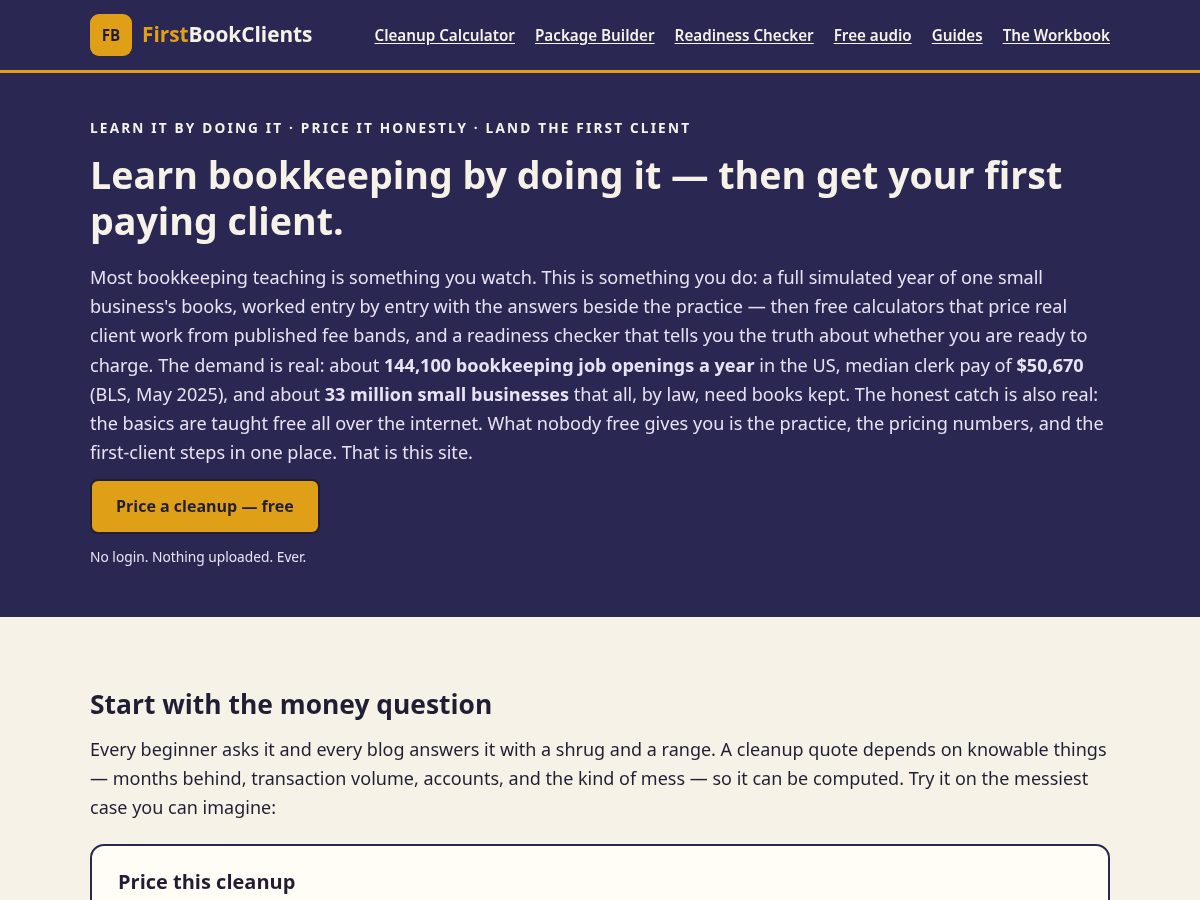 Landing-page snapshot of firstbookclients.com