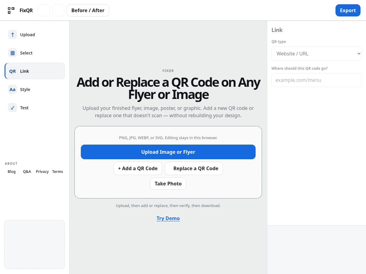Landing-page snapshot of fixqr.app