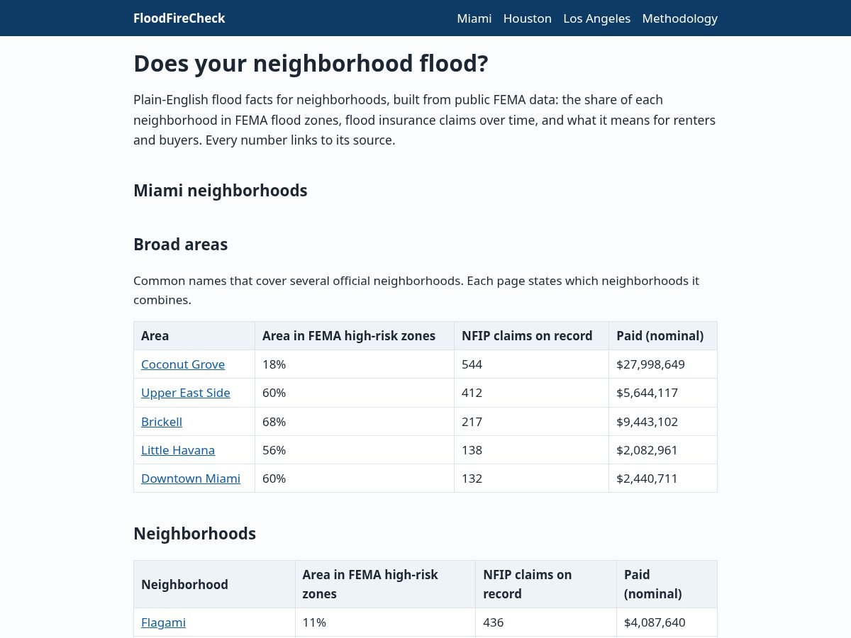 Landing-page snapshot of floodfirecheck.com