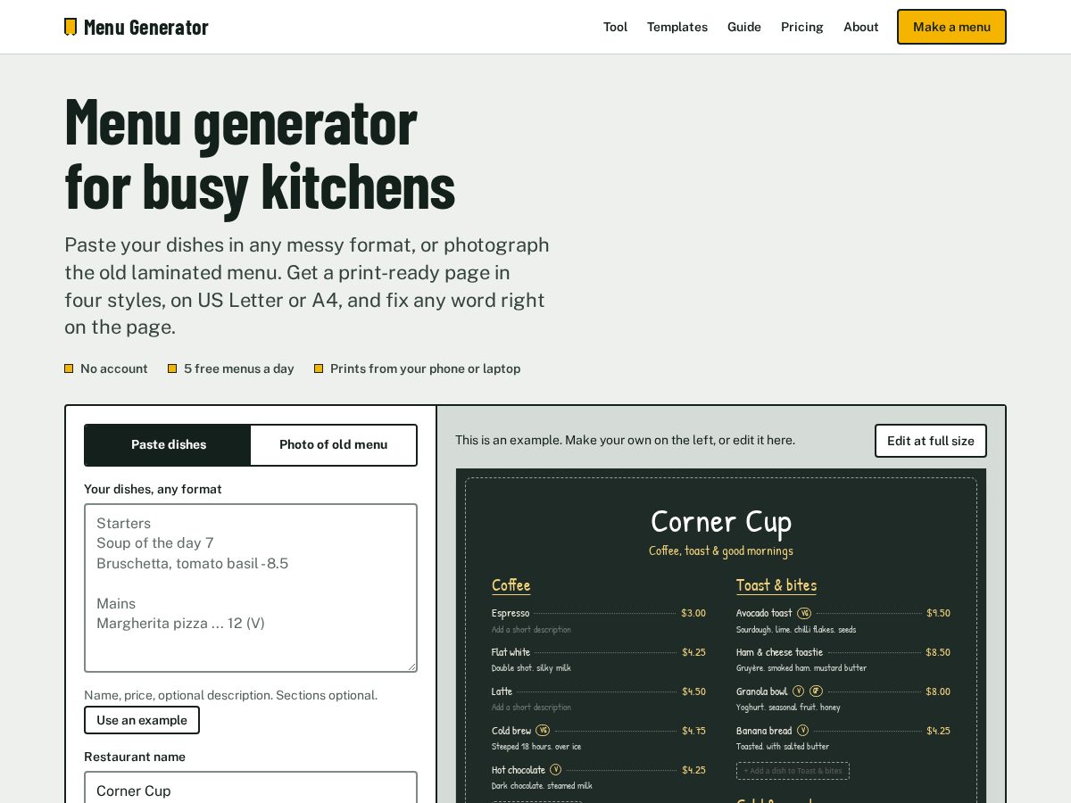 Landing-page snapshot of freemenugenerator.site
