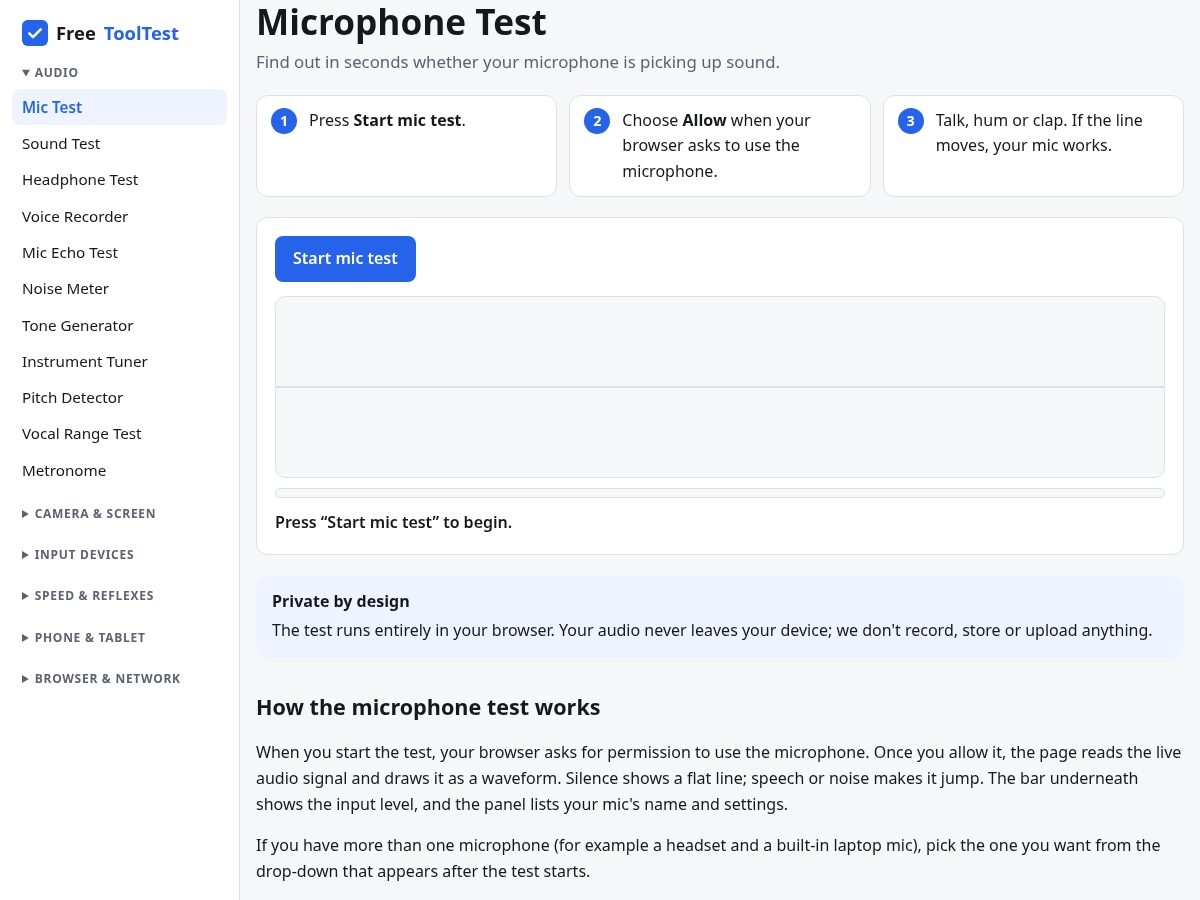 Landing-page snapshot of freetooltest.com