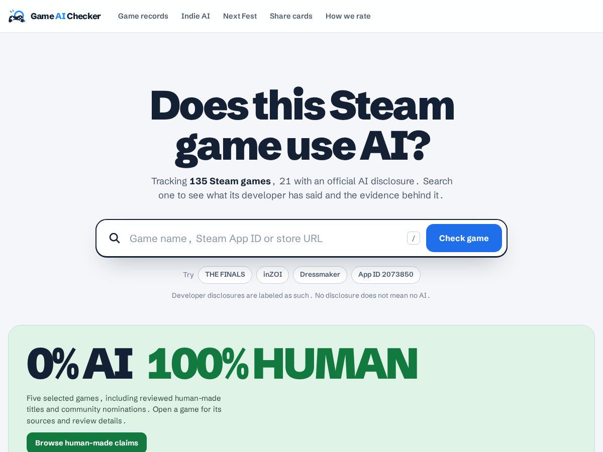 Landing-page snapshot of gameaichecker.com