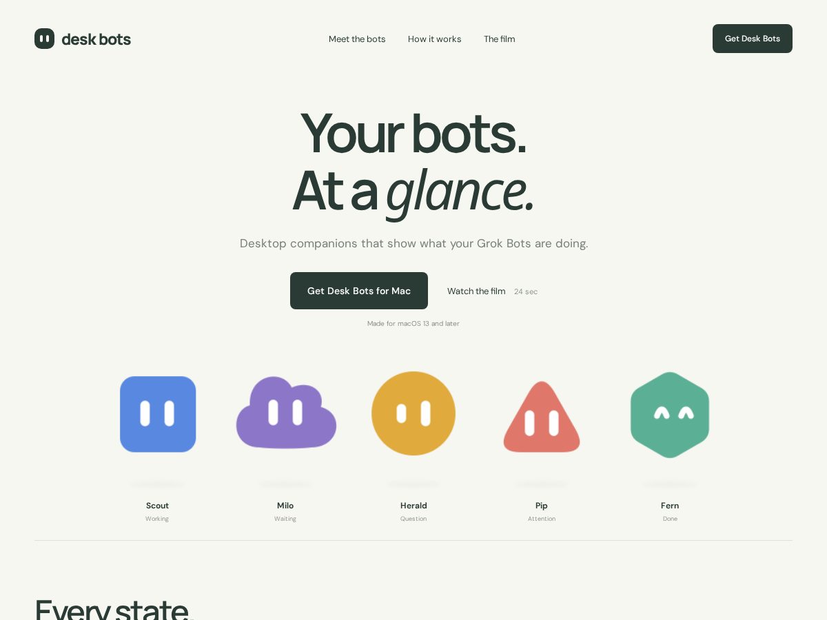 Landing-page snapshot of getdeskbots.app