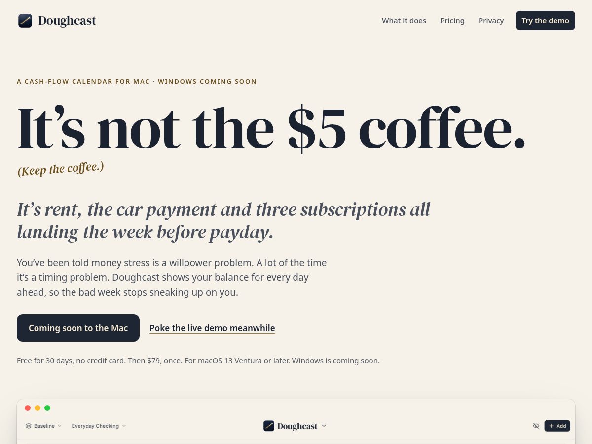 Landing-page snapshot of getdoughcast.com
