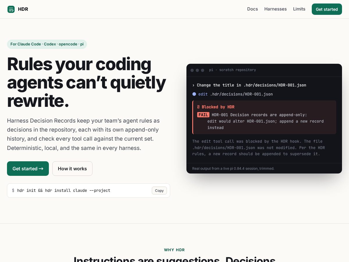Landing-page snapshot of harnessdecisionrecord.com