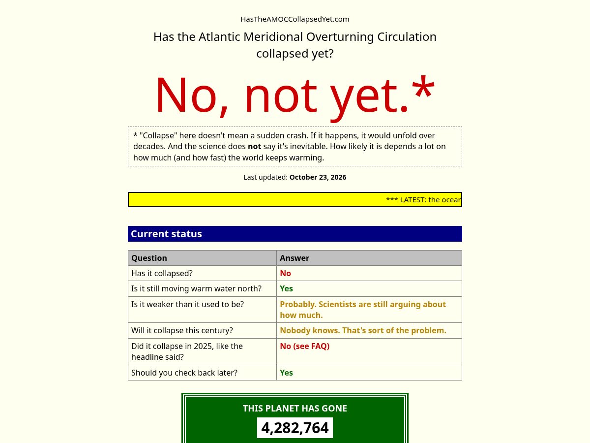 Landing-page snapshot of hastheamoccollapsedyet.com