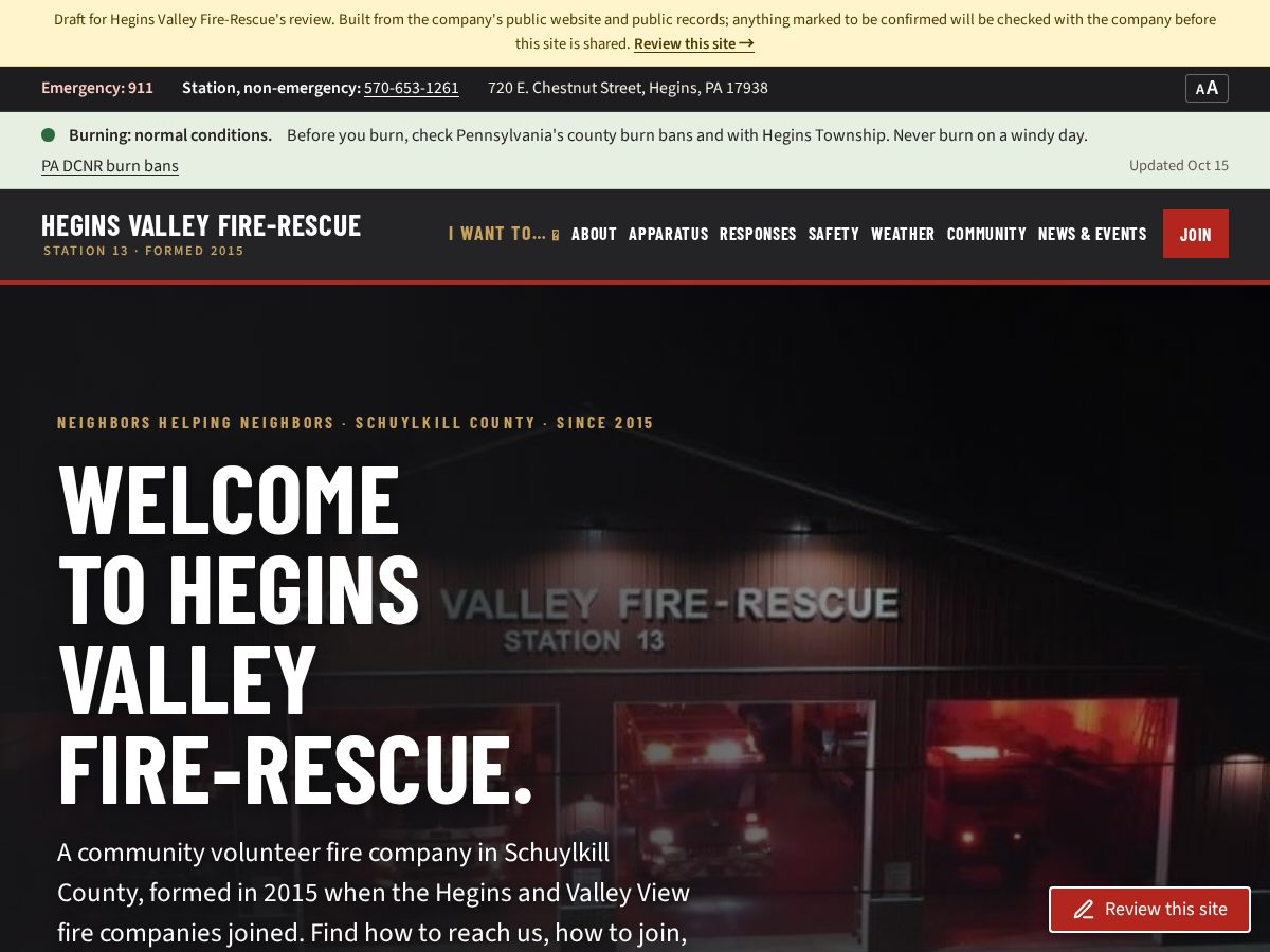 Landing-page snapshot of heginsvalleyfire.org