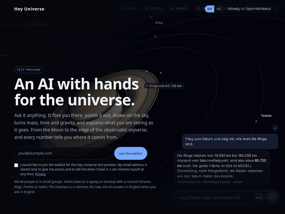 Landing-page snapshot of heyuniverse.app