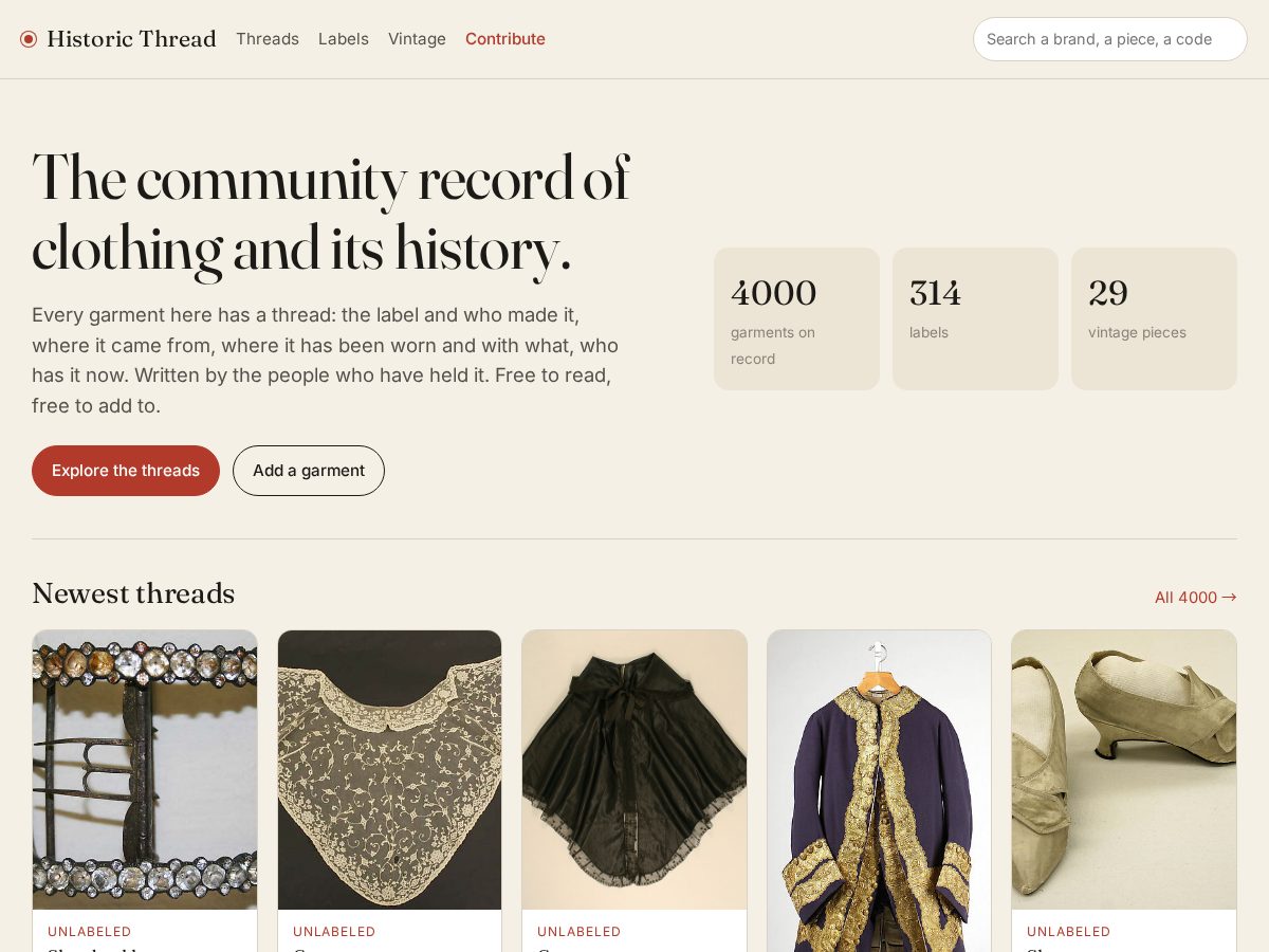 Landing-page snapshot of historicthread.com