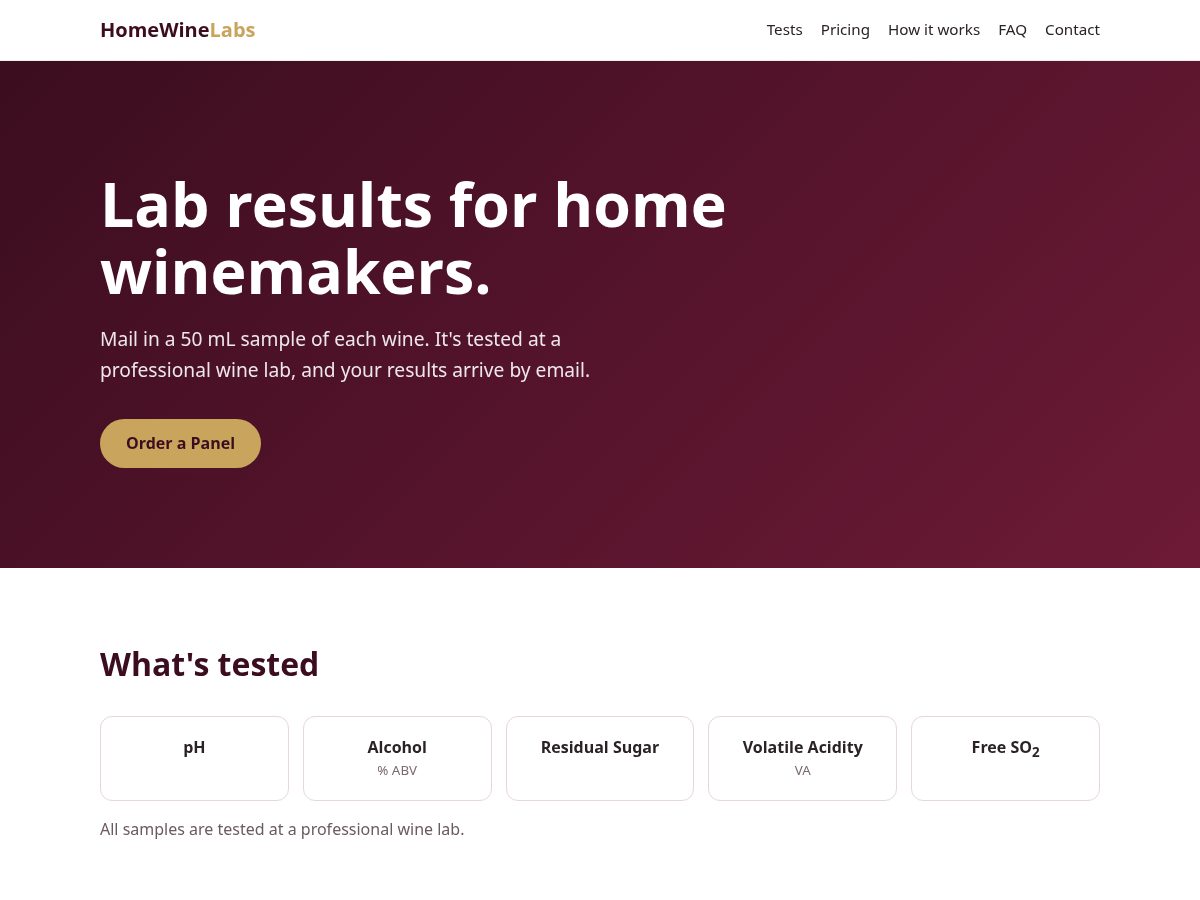 Landing-page snapshot of homewinelabs.com