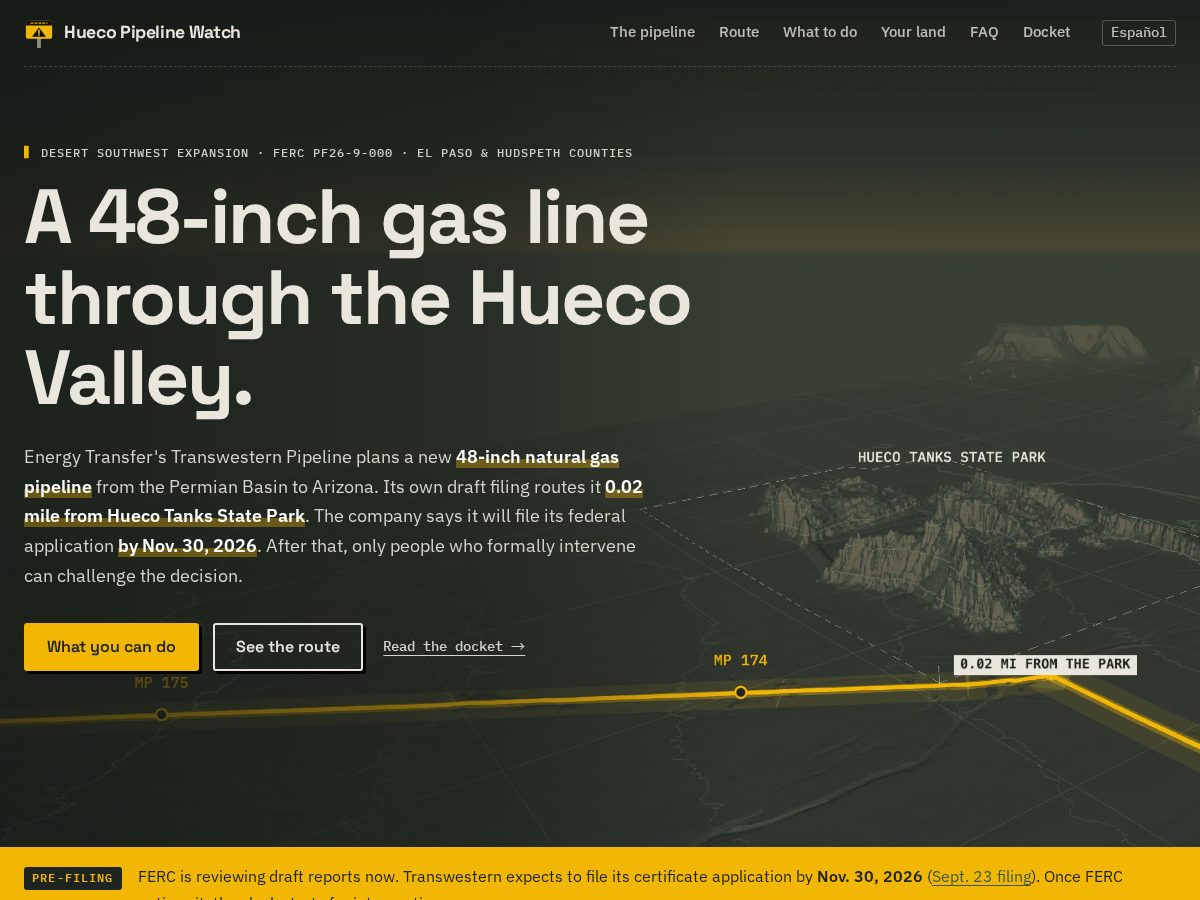Landing-page snapshot of huecopipeline.org