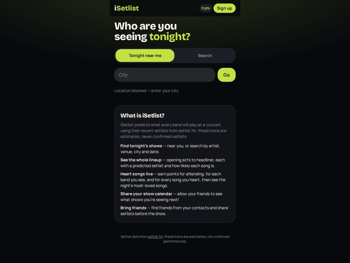 Landing-page snapshot of isetlist.com