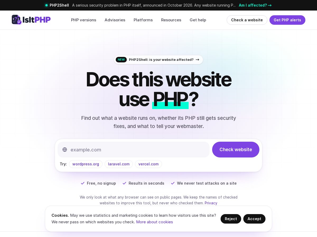 Landing-page snapshot of isitphp.com