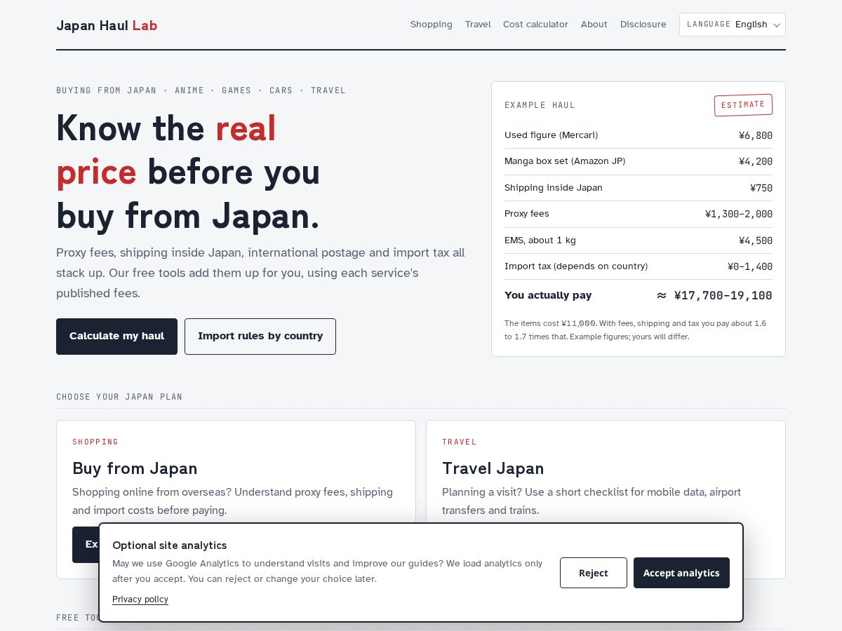 Landing-page snapshot of japanhaullab.com
