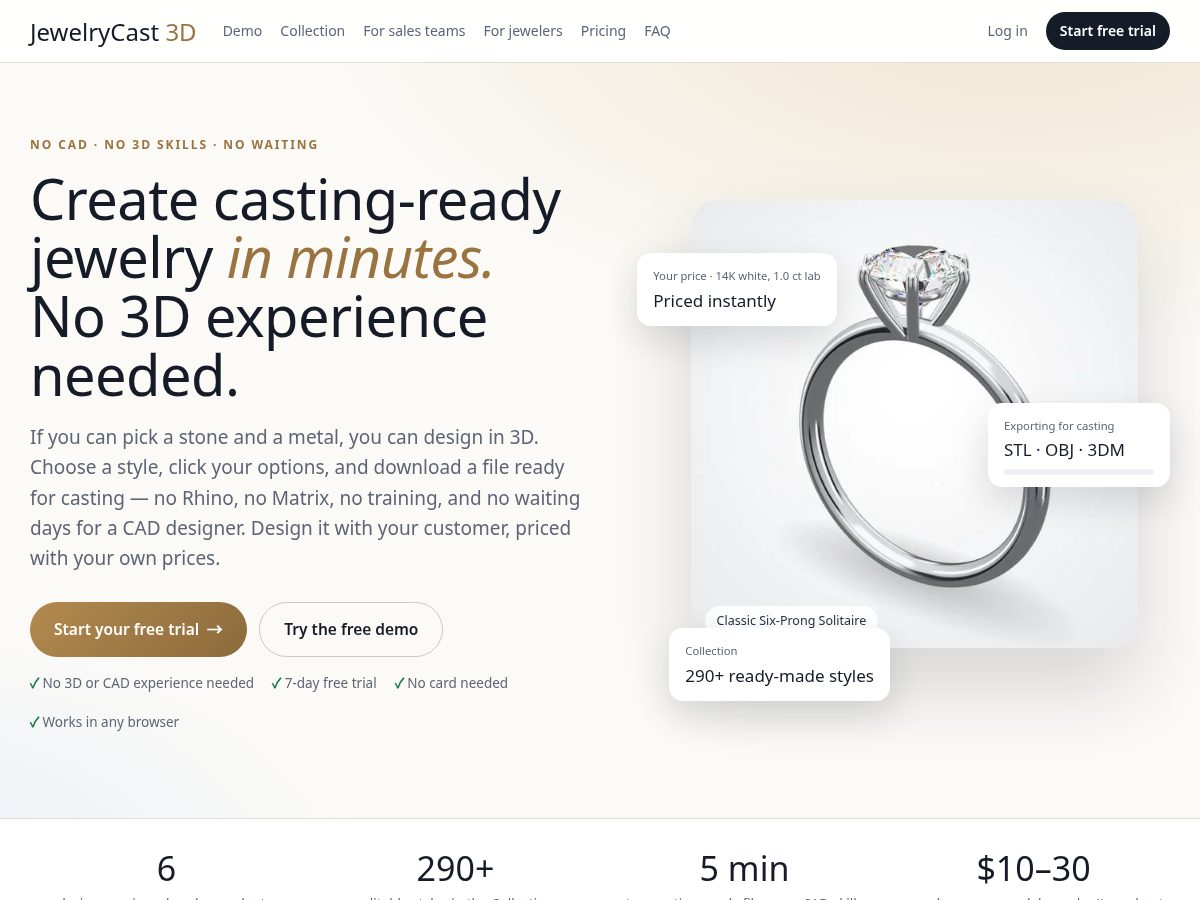 Landing-page snapshot of jewelrycast3d.com