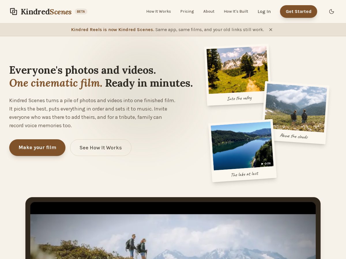 Landing-page snapshot of kindredscenes.com
