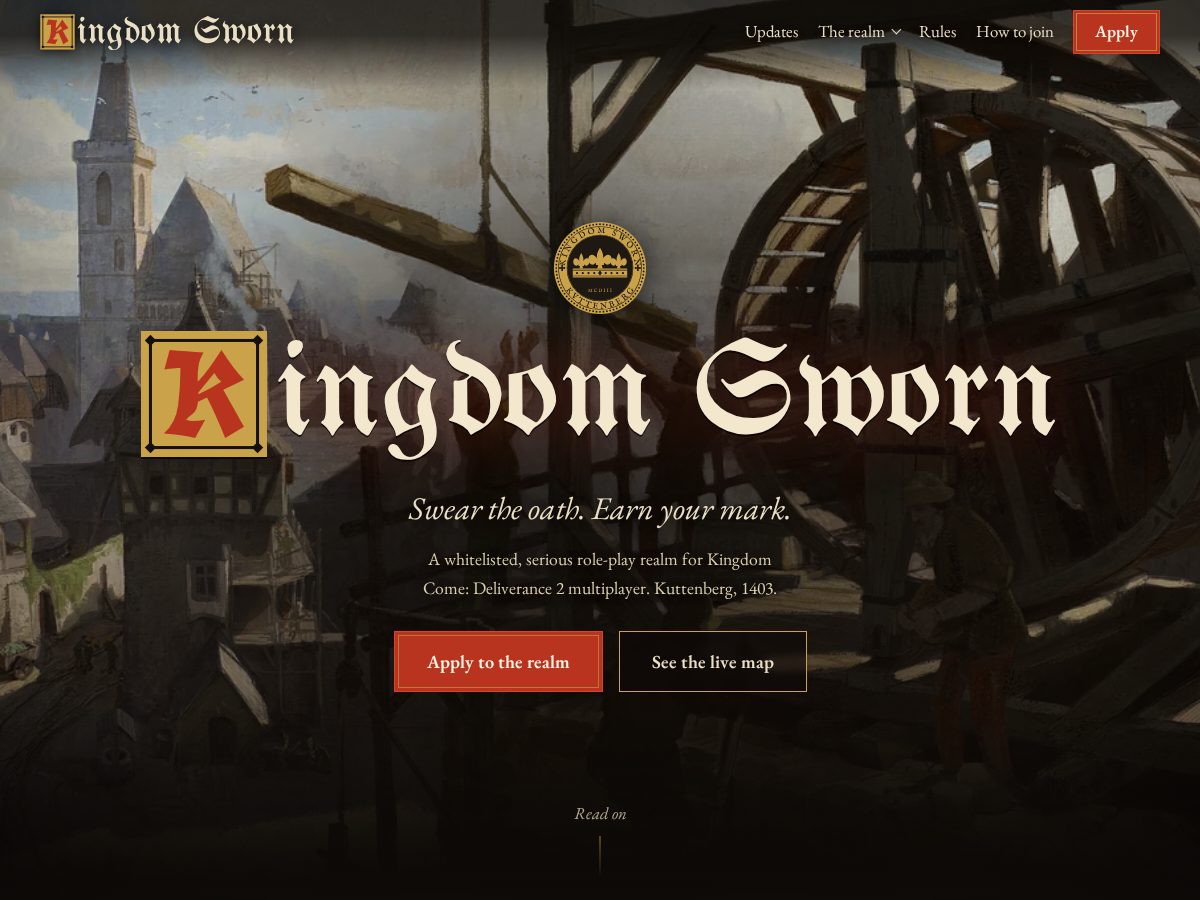 Landing-page snapshot of kingdomsworn.com
