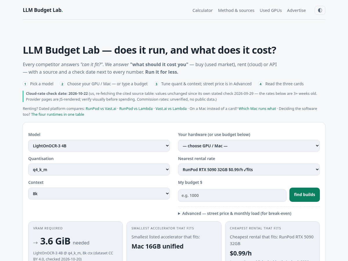 Landing-page snapshot of llmbudgetlab.com