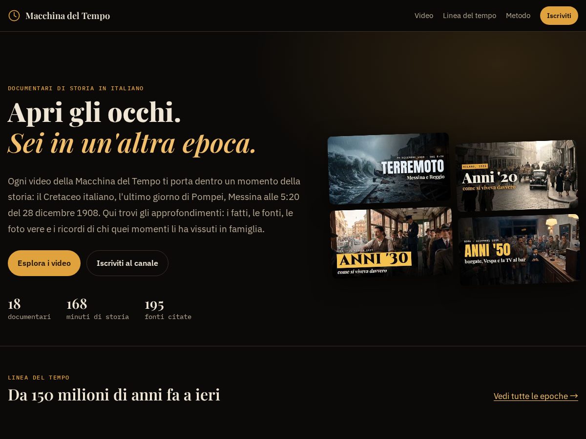 Landing-page snapshot of macchinadeltempotv.com