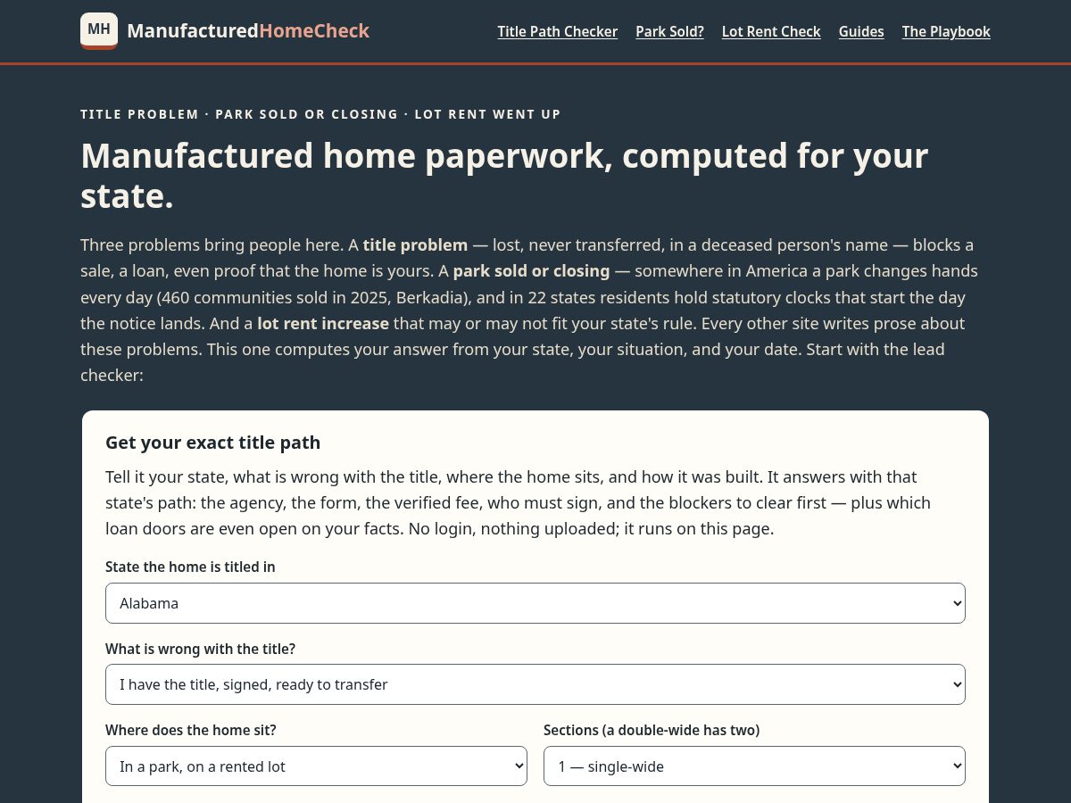 Landing-page snapshot of manufacturedhomecheck.com