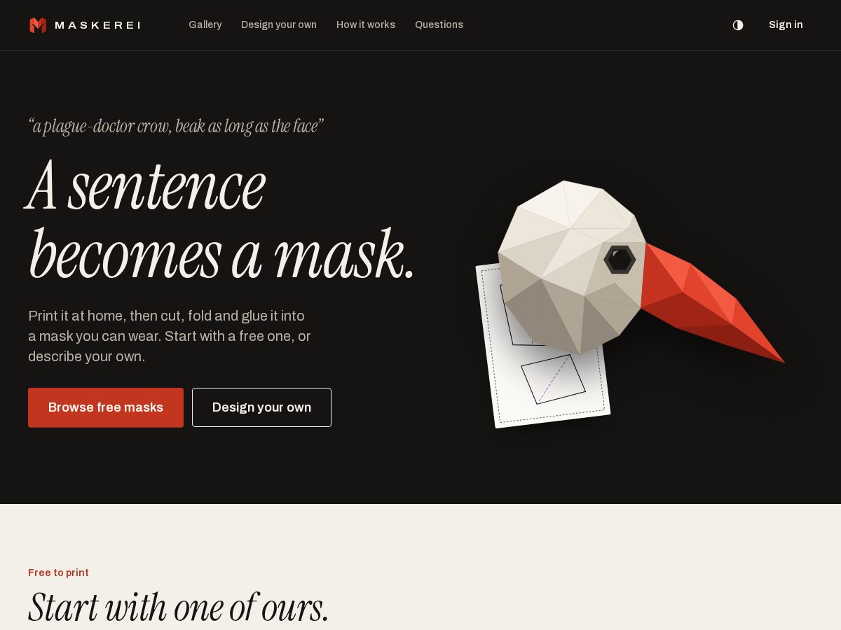 Landing-page snapshot of maskerei.com