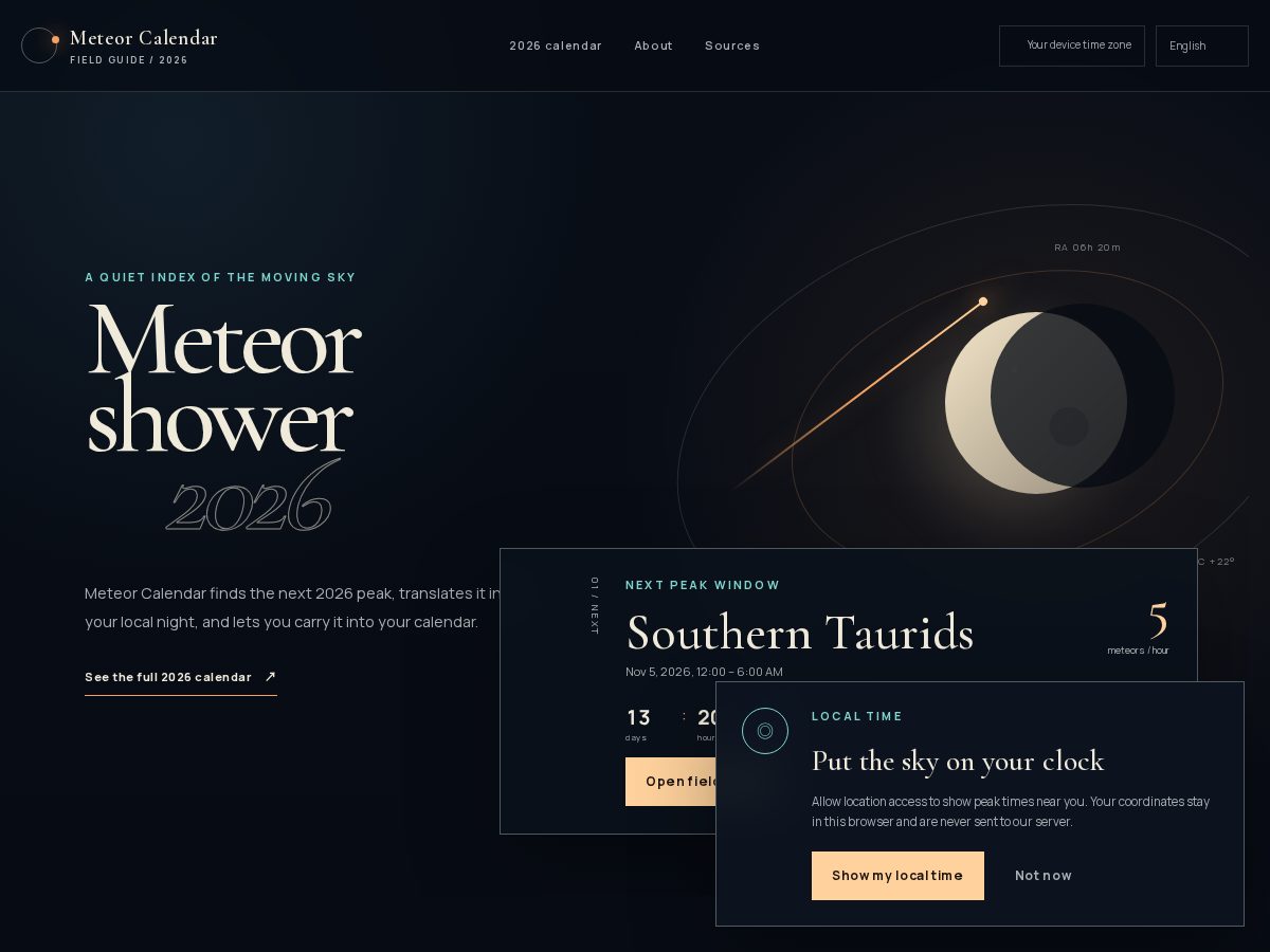 Landing-page snapshot of meteorcalendar.com
