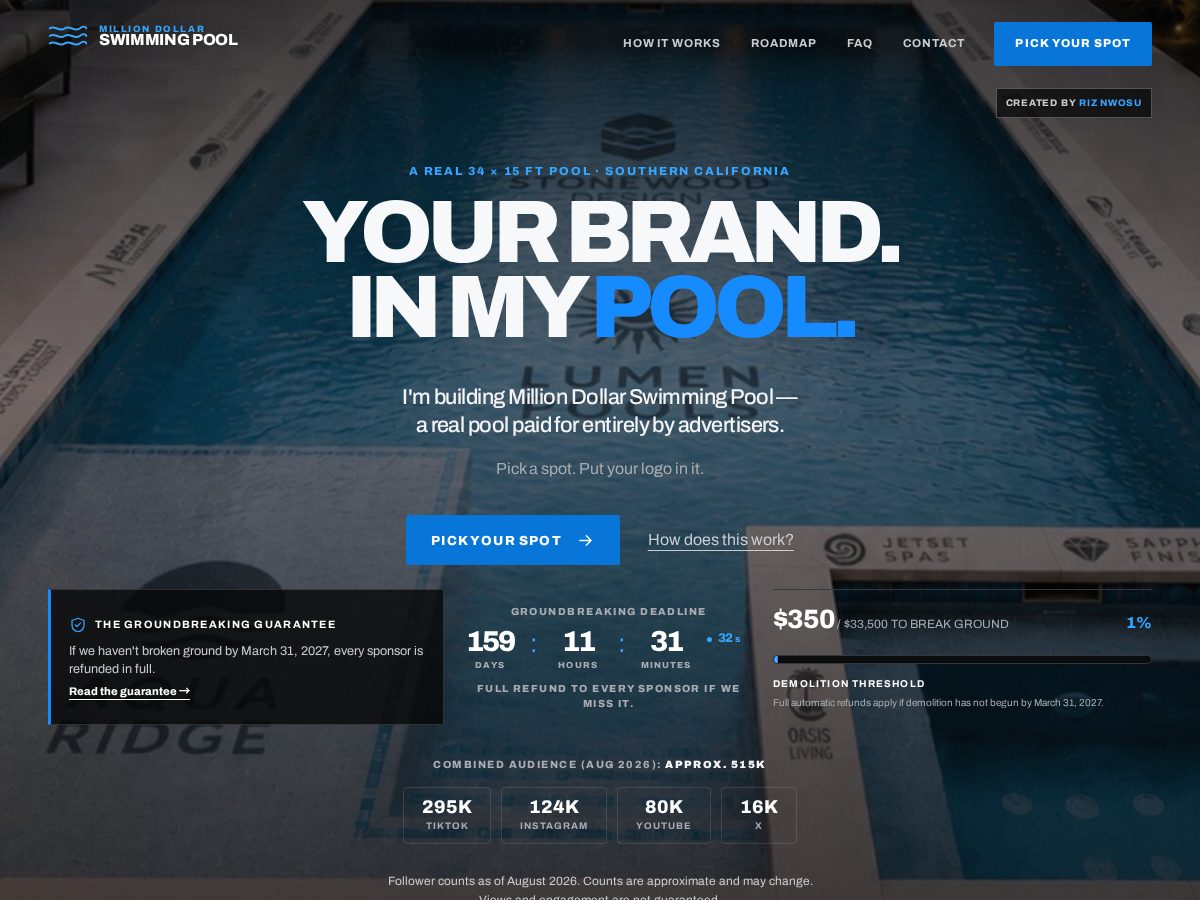 Landing-page snapshot of milliondollarswimmingpool.com