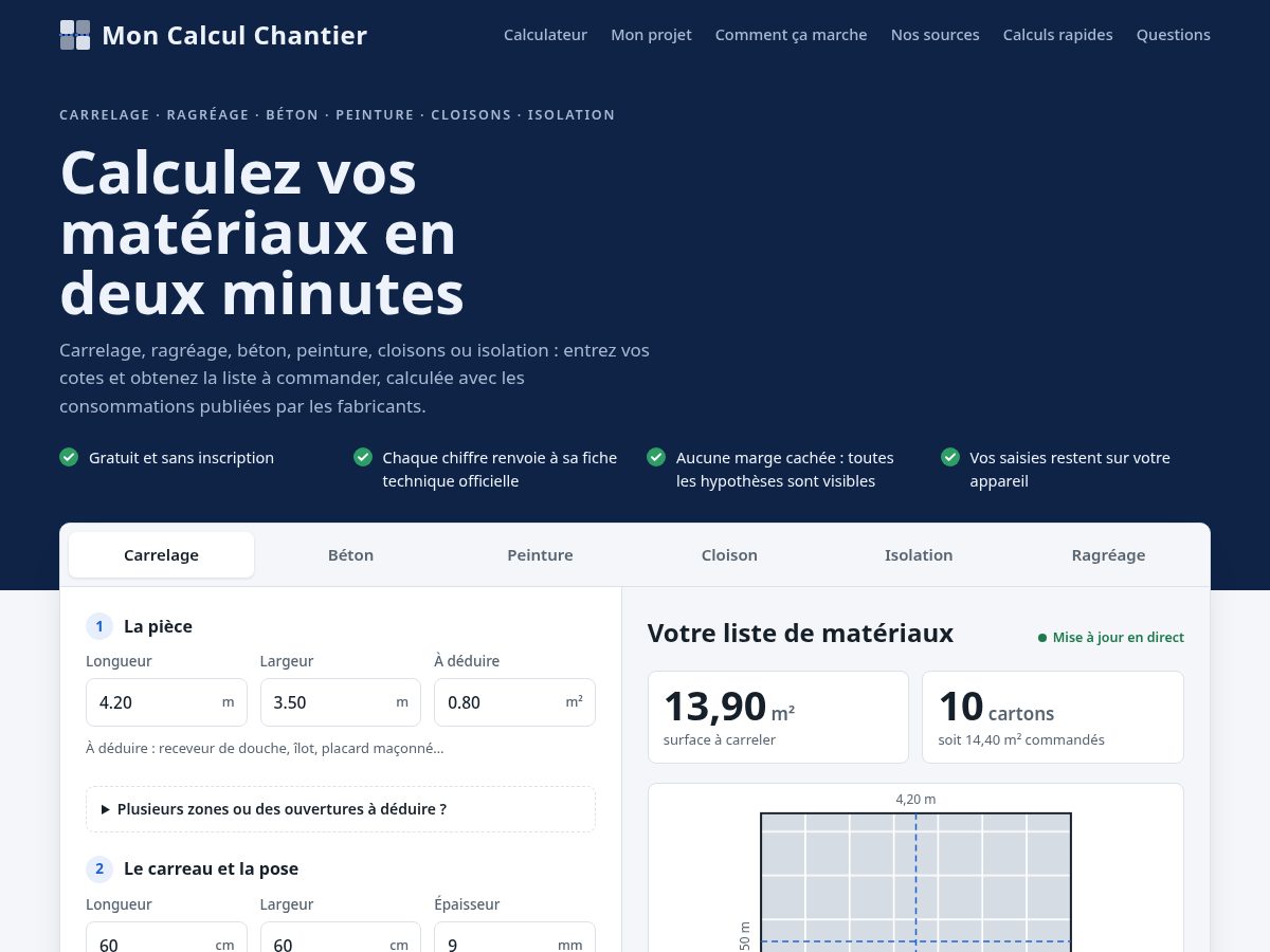 Landing-page snapshot of moncalculchantier.com