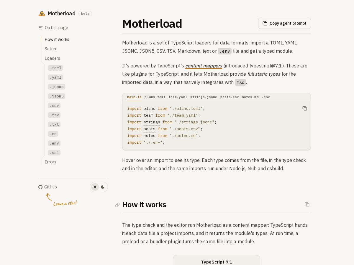 Landing-page snapshot of motherload.dev